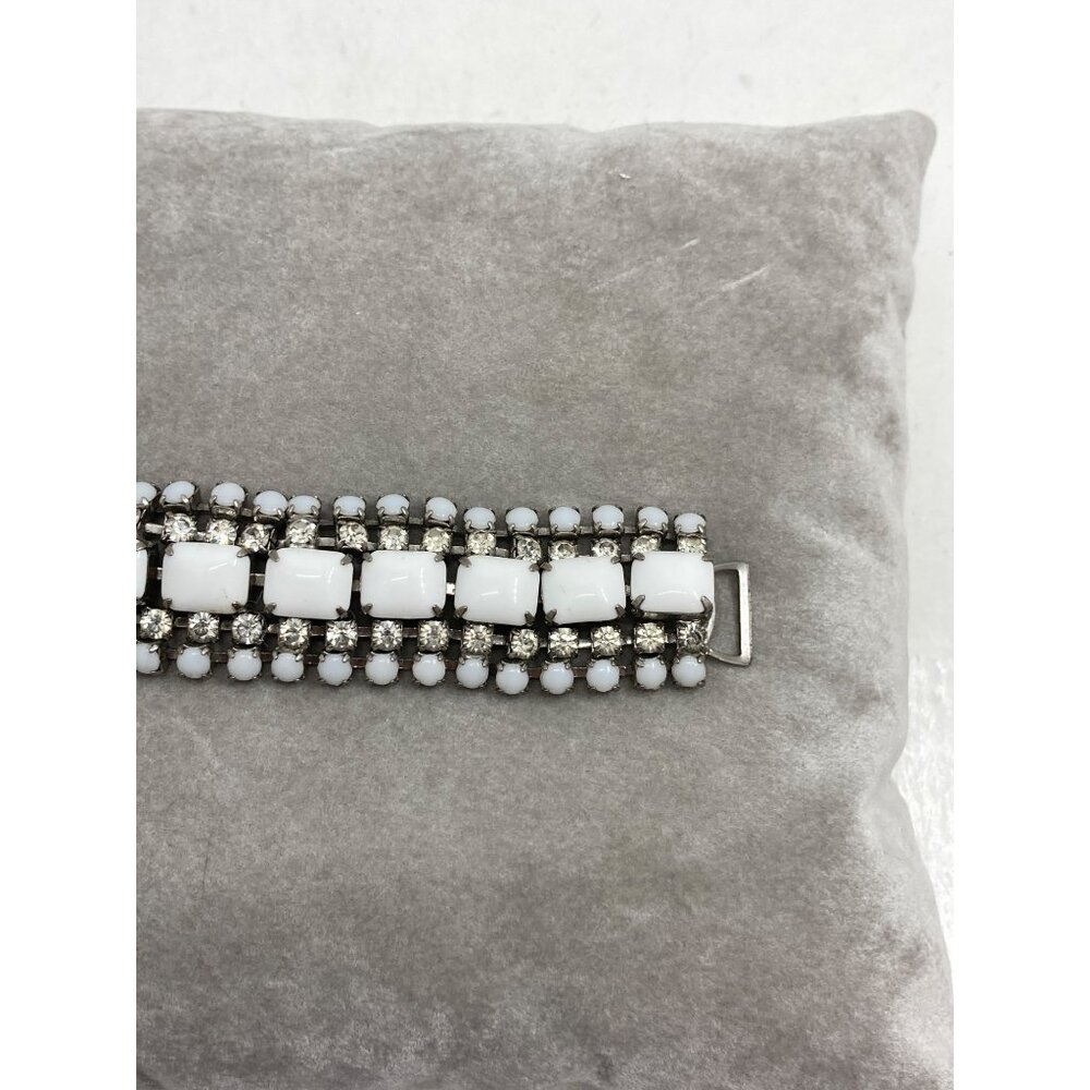 Vintage Milk Glass Rhinestone Bracelet With Silver-Tone Metal & Secure Clasp - Picture 6 of 7